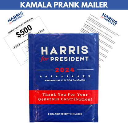 Kamala Harris Prank Mailer - Includes a $500 "Donation Receipt" and "Letter" from Harris - Prank Your Trump Friends or Family!