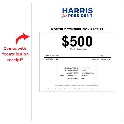 Kamala Harris Prank Mailer - Includes a $500 "Donation Receipt" and "Letter" from Harris - Prank Your Trump Friends or Family!