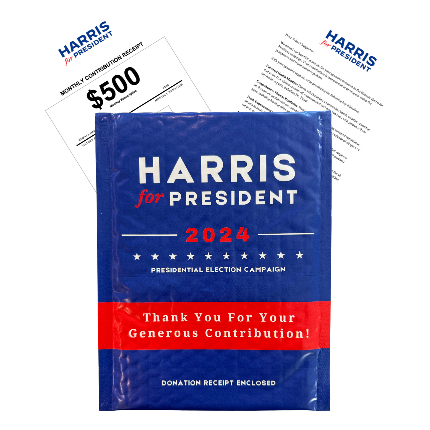 Kamala Harris Prank Mailer - Includes a $500 "Donation Receipt" and "Letter" from Harris - Prank Your Trump Friends or Family!